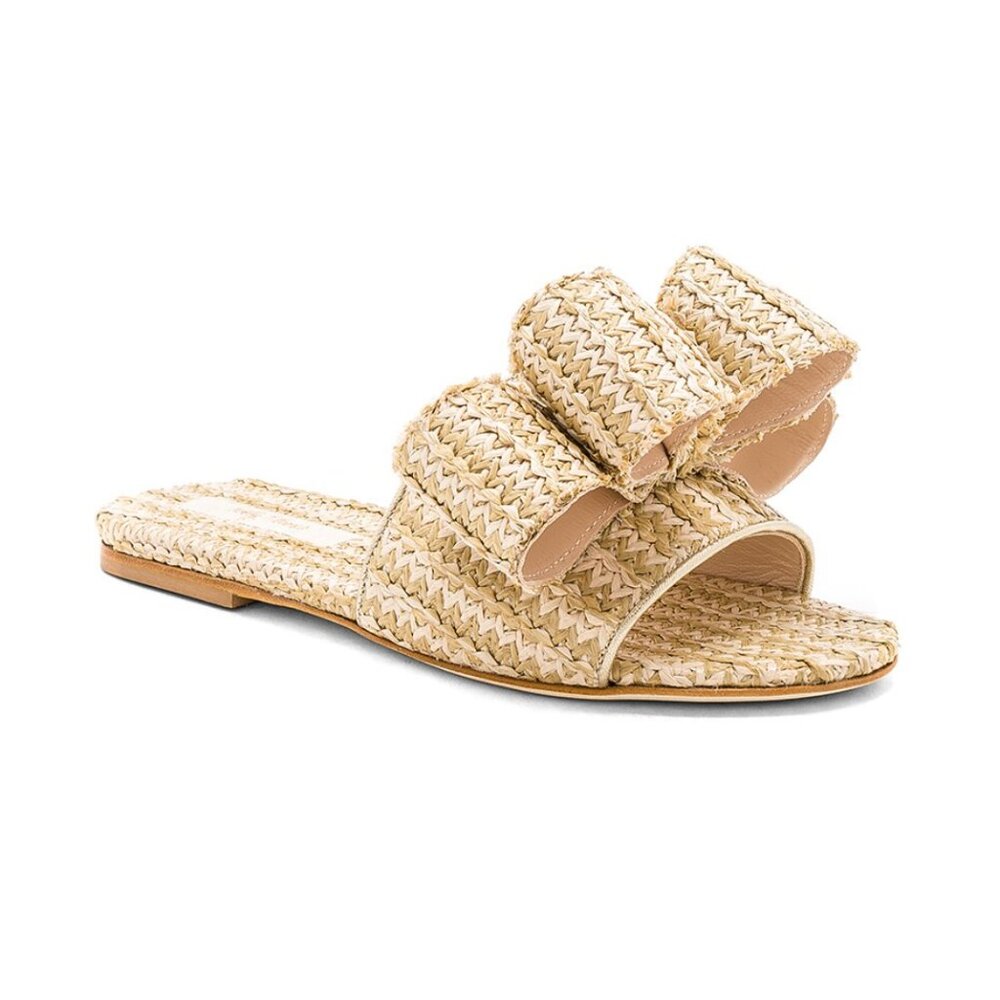 Polly Plume Lola Raffia Woven Tan Bow La Isla Bonita Slip On Slide Sandals 37